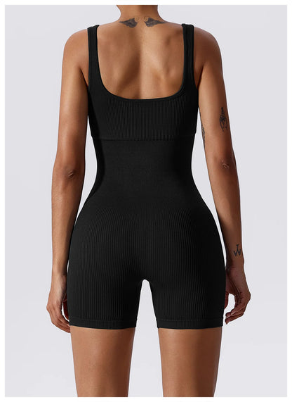 Summer New Style Women'S Sexy Pure Color Sleeveless U-Neck One-Piece Dress Short One-Piece Yoga Fitness Clothes Tights