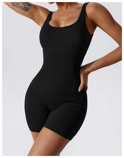 Summer New Style Women'S Sexy Pure Color Sleeveless U-Neck One-Piece Dress Short One-Piece Yoga Fitness Clothes Tights