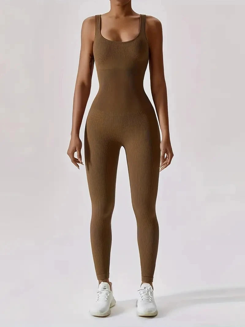 Women'S Solid Color Ribbed Yoga Jumpsuit Seamless Sports Shaping Suit Yoga Suit